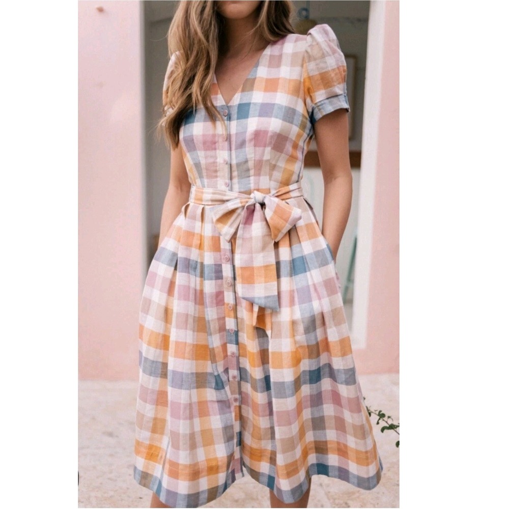 Gal Meets Glam Poppy Dress Linen Blend Plaid Puff Sleeves‎ Size 00